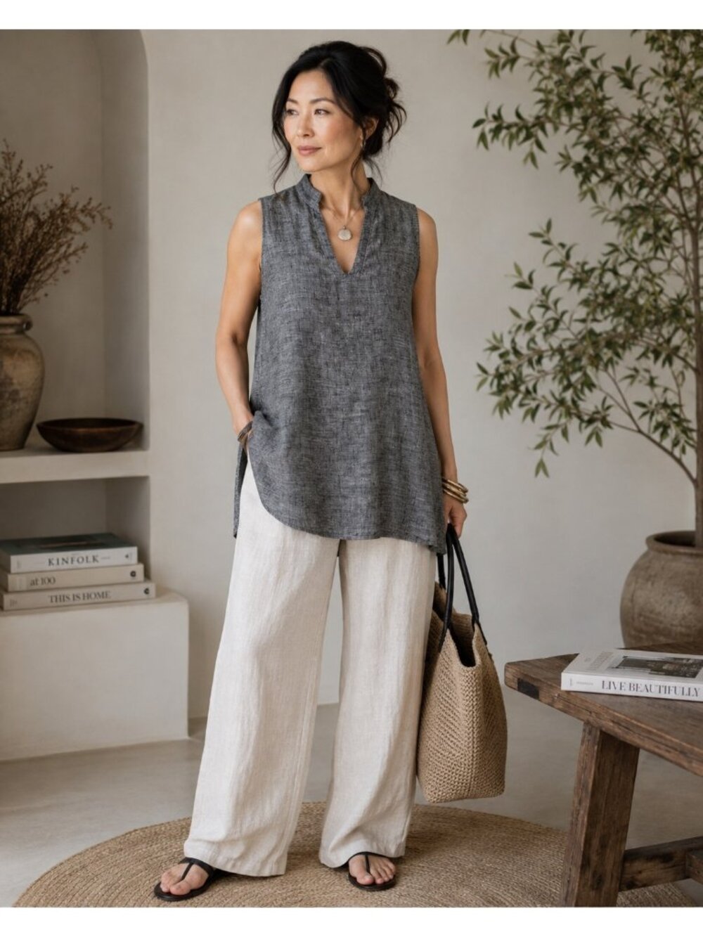 La Bottega di Brunella 100% Linen Gray Sleeveless Tunic Top Women’s M Italian La
